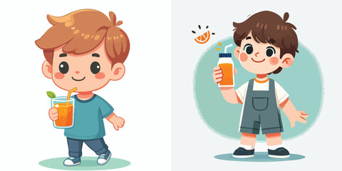 vector set of little boy drinking orange juice