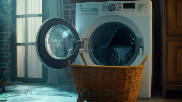 Playful ghosts float out of a washing machine into a laundry basket, creating a fun and spooky Halloween scene.. AI Generation
