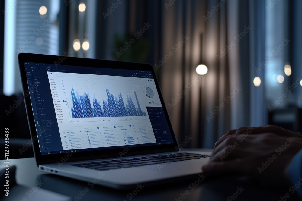 Poster person analyzing data graphs on laptop at night.