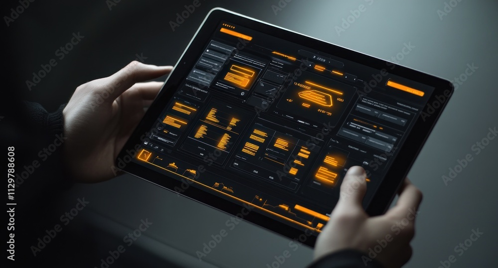 Aufkleber Hands holding tablet displaying data graphs and charts.