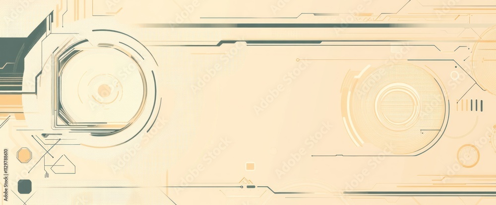 Poster abstract beige technological background with circular and linear elements.