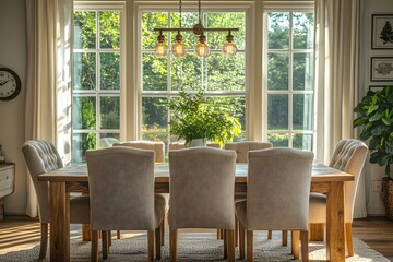 Obraz premium Elegant Dining Room with Rustic Wooden Table, Upholstered Chairs and Ornate Chandelier in a Bright, Sunlit Space Featuring Large Windows and Framed Artwork.