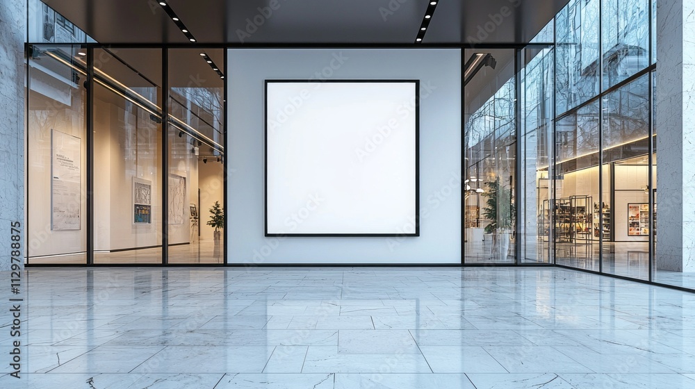 Poster a spacious gallery with sleek marble flooring showcases an empty advertisement frame, inviting creat