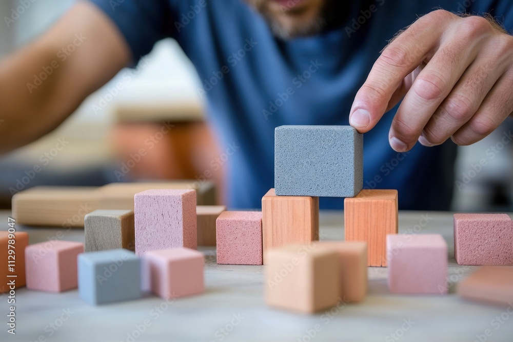 Poster close-up of man's hands carefully placing a grey block atop a tower of pastel-colored wooden blocks 