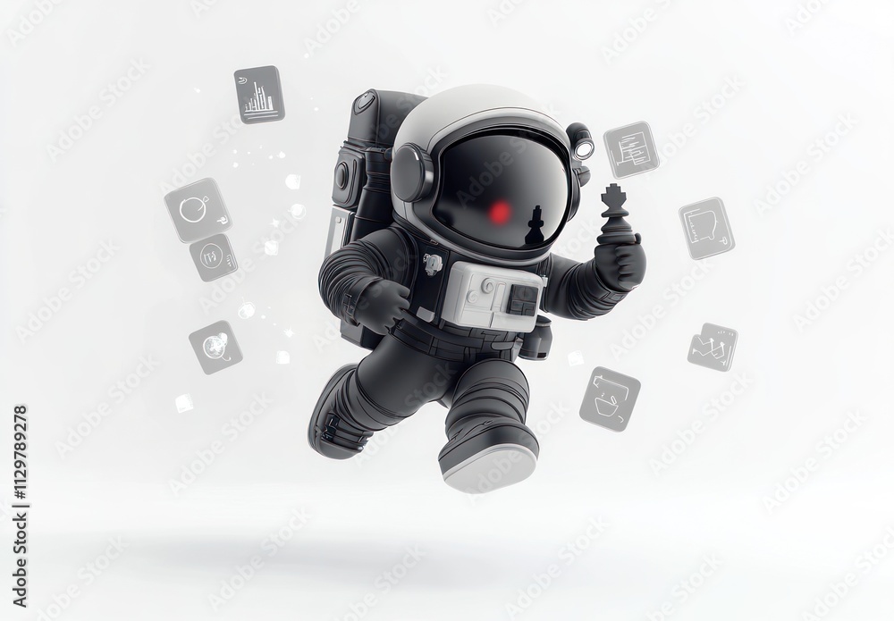 Aufkleber a cute astronaut in a spacesuit runs, surrounded by application icons, symbolizing technological adv