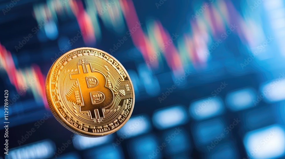 Poster currency value idea. close-up of a bitcoin against a digital trading background with graph indicator