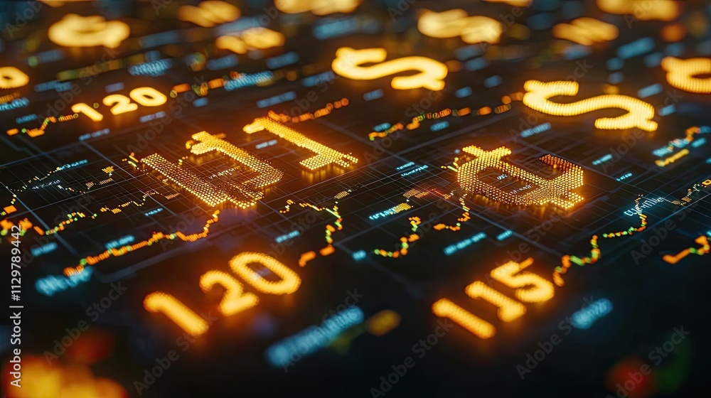 Poster currency value idea. digital financial graph with currency symbols glowing on a dark background.