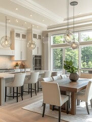 Modern Open-Concept Kitchen and Dining Area with Large Windows, White Cabinets, Marble Island, Wooden Dining Table and Elegant Pendant Lighting in a Bright, Spacious Home.
