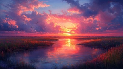 Fototapeta premium Serene Sunset Reflection in a Colorful Marsh Landscape