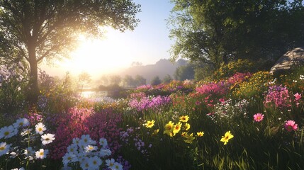 Obraz premium Sunlit meadow with colorful wildflowers, trees, and a tranquil pond at sunrise.