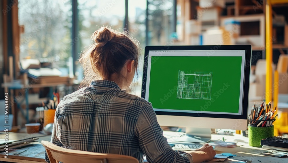 Poster woman architect reviewing blueprints on computer screen in her studio.