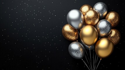 Elegant gold and silver balloons on a black background. Celebration party decoration. Bunch of balloons. Perfect for birthdays or any special occasion. Festive ambiance.
