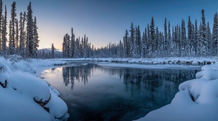 Serene winter sunrise over a snow-covered river reflecting trees.