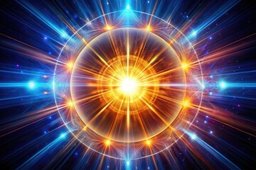 Fototapeta premium Mystical glowing orb radiates cosmic energy, dark rays contrasting a bright, spiritual core within a fantastical galaxy.