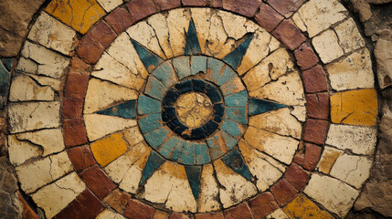 Fototapeta premium Ancient Mosaic Tile Floor: Geometric Starburst Pattern in Muted Earth Tones