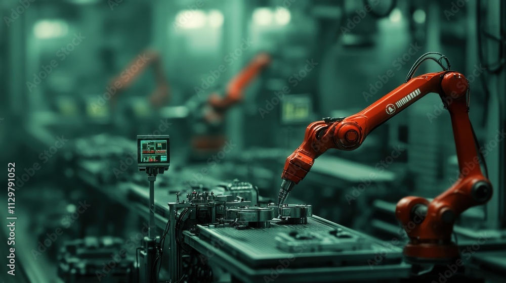 Poster Robotic Arm Working in a Modern Industrial Facility with Automated Production Line and Blurred Background Enhancing Focus on High-Tech Machinery