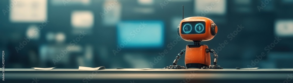 Poster friendly robot assistant on desk surrounded by papers and screens in a modern workspace, showcasing 