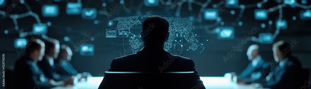 Poster Business Leader Observing Digital Network Visualization and Data Trends in a Conference Room with Colleagues in the Background
