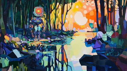 Obraz premium Surreal Robot in Forest: Cubist Painting, Abstract Nature, Vivid Colors