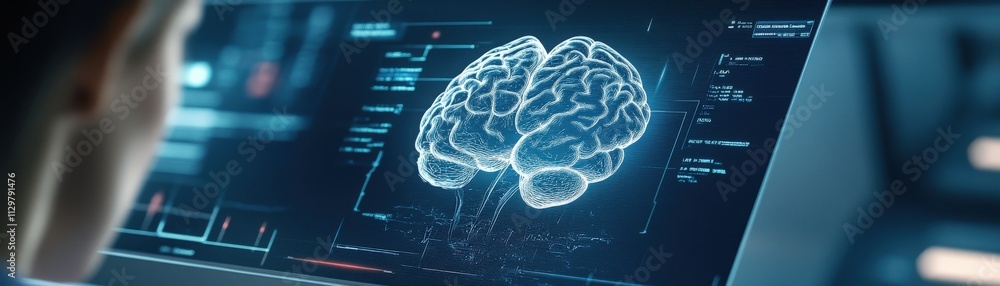 Aufkleber Futuristic Interface Displaying Brain Activity with Advanced Technology in a Dark Environment, Person Observing the Data on a High-Tech Screen