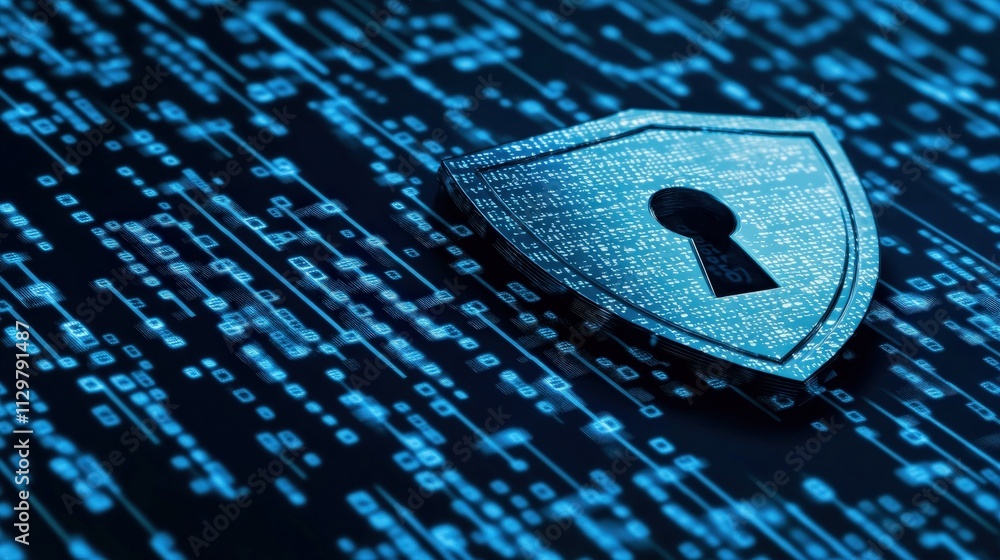 Poster Digital security shield over binary code background representing online protection, cybersecurity, and data safety in a tech-savvy world
