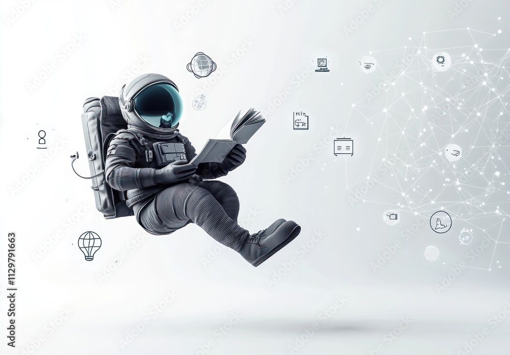 Aufkleber Astronaut floating in space, reading a book, surrounded by digital icons representing knowledge and connection.