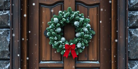 Snow gently falling on a wooden door with a festive Christmas wreath, soft, serene atmosphere