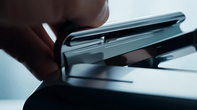 Office worker hand operating modern stapler