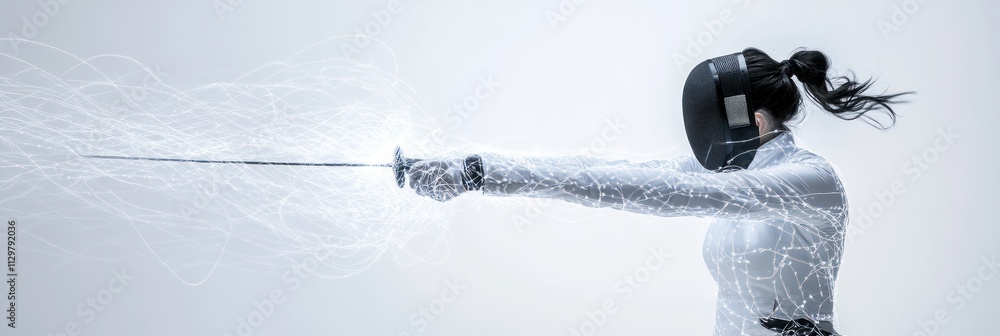 Poster female fencer in action, dynamic pose with energy effect.