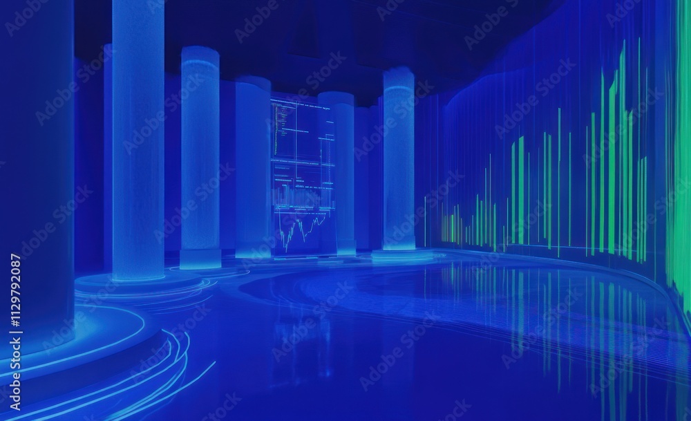 Leinwandbilder futuristic blue room with glowing columns and data visualizations on screens.