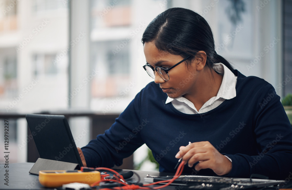 Poster it, technician and woman with computer, fixing and working in office, service and specialist with gl