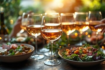 Friends Toasting with Red Wine at Outdoor BBQ Dinner Party in Garden