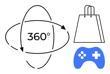 360-degree rotation arrows around text, shopping bag, blue gaming controller. Ideal for e-commerce, online shopping, gaming, virtual reality, augmented reality tech startups digital marketing. Line