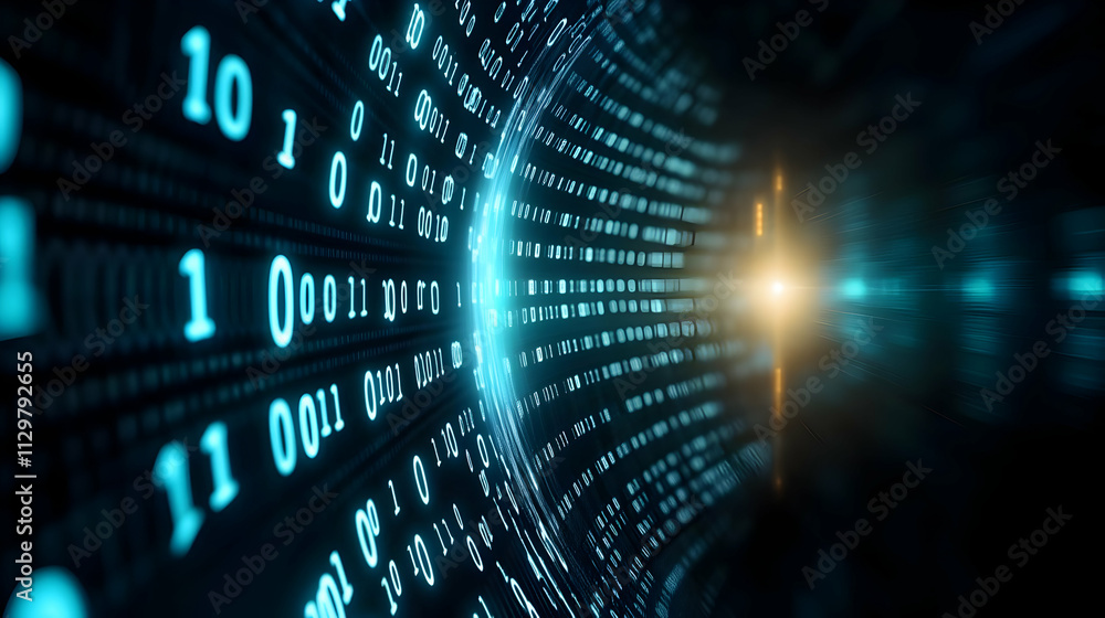 Poster abstract digital data flow with glowing binary code, showcasing modern technological advancements an