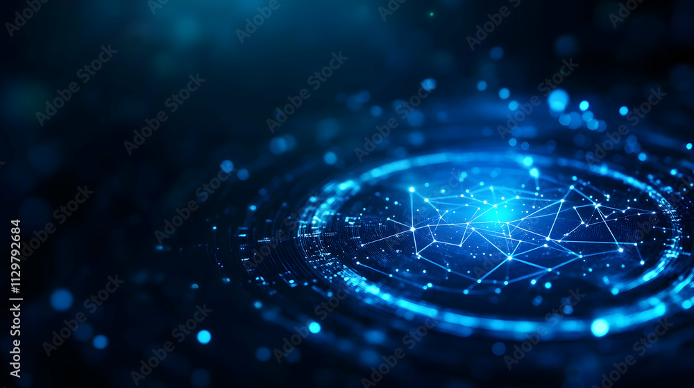 Poster abstract digital background with glowing blue particles and interconnected lines creating a futurist