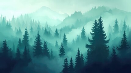 Fototapeta premium Mystic foggy dark green pine tree forest, landscape background