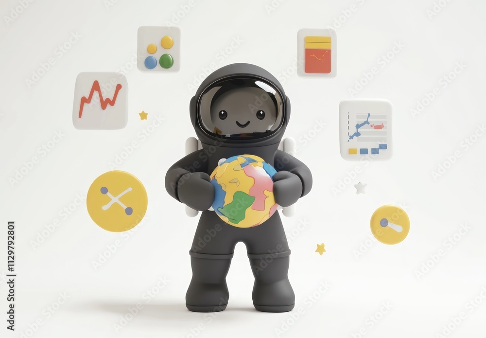 Poster astronaut holding a colorful globe, surrounded by data icons.