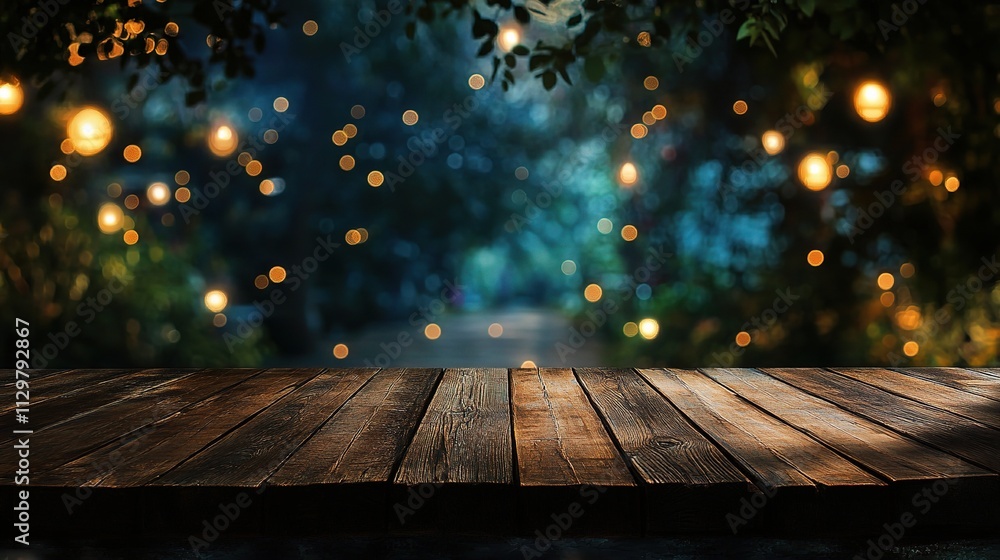Poster empty wooden table top with bokeh lights in dark background