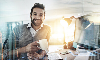 Portrait, businessman and cityscape as overlay with smile in project management, agency and career. Male person, coffee and pride for double exposure in office, company and entrepreneurship in Sweden