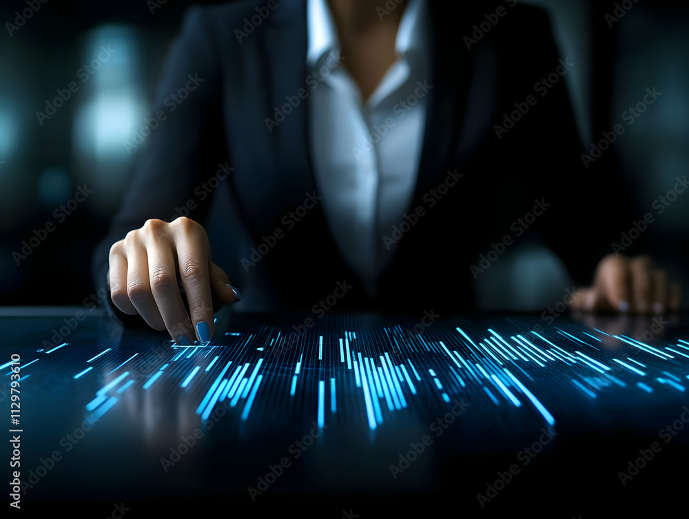 Poster a business professional interacts with a digital interface, showcasing technology and innovation in 