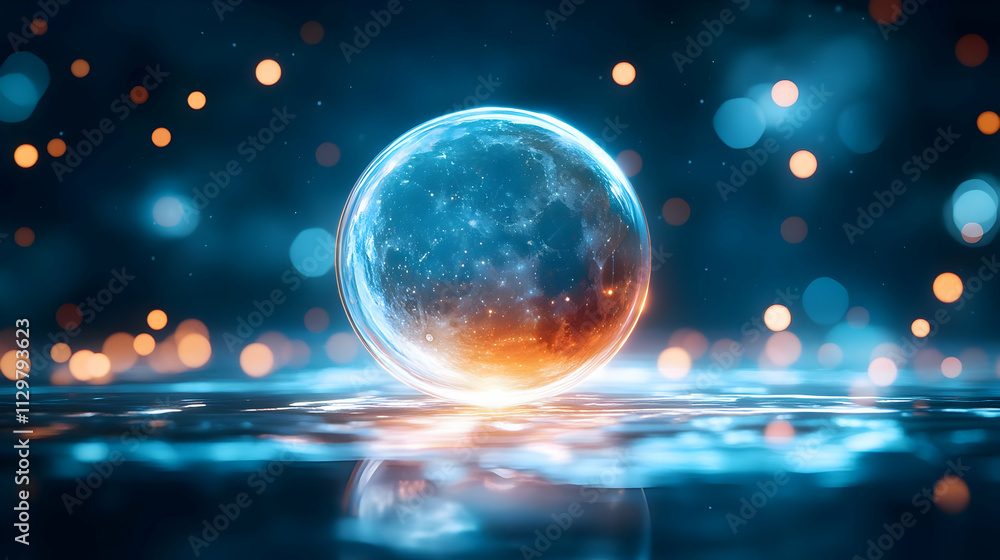 Poster a captivating close-up of a luminous sphere floating above a reflective surface, surrounded by vibra