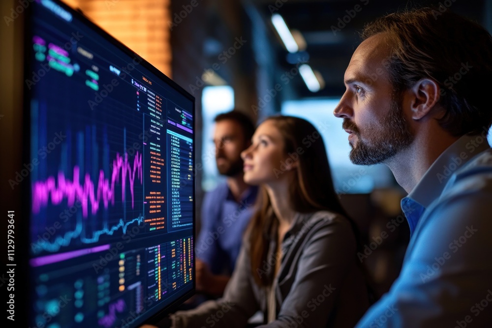 Poster Team analyzing data on a large monitor, illuminated in a modern office.