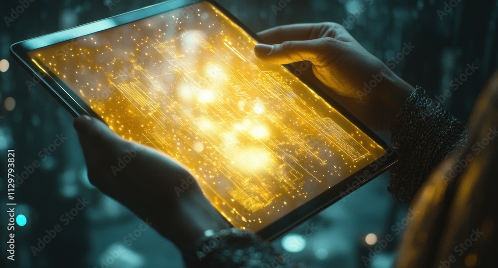 Aufkleber hands holding tablet displaying glowing digital data.