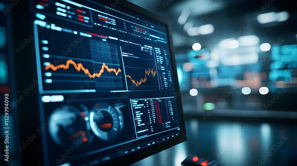 Poster a close-up of a computer monitor displaying financial data and analytics in a modern digital workspa