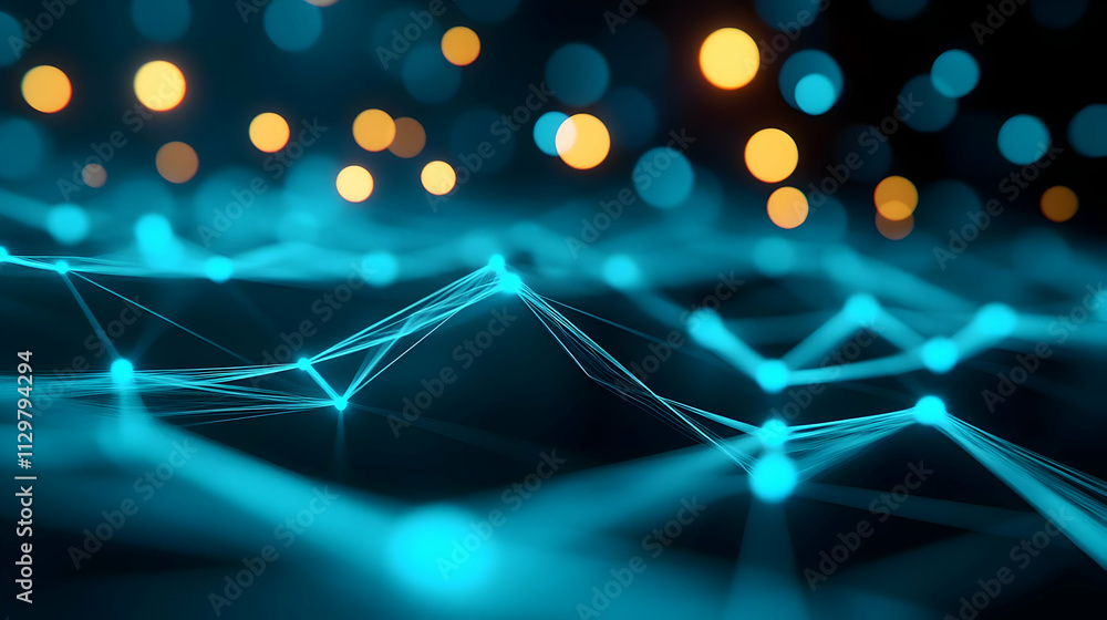 Poster abstract futuristic network with glowing blue lines and bokeh lights, representing connectivity and 