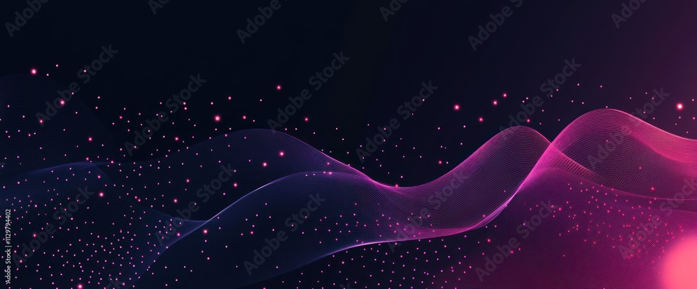 Poster abstract pink and purple flowing wave with glowing particles.