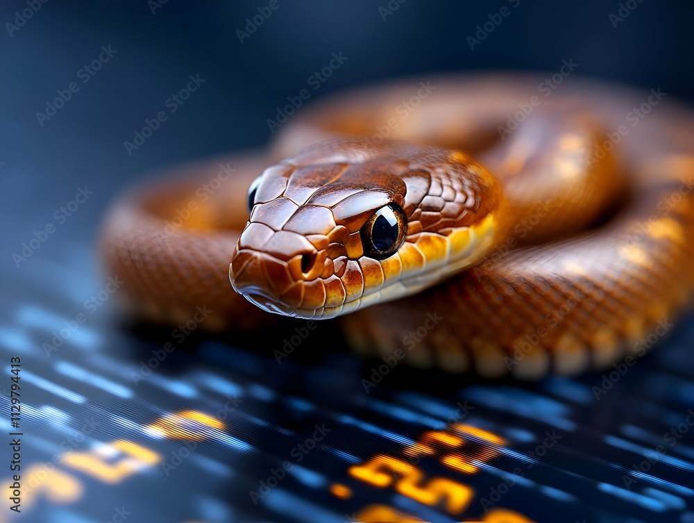 Poster a close-up of a vibrant snake resting on a colorful background, showcasing its unique patterns and t