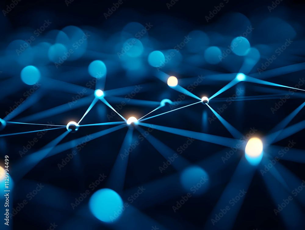 Poster abstract representation of connections with glowing blue nodes in a digital network background.