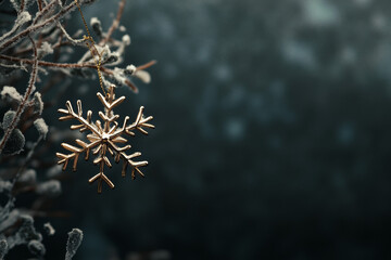 Golden Snowflake Ornament on Snowy Branch: Minimalist Christmas Decoration