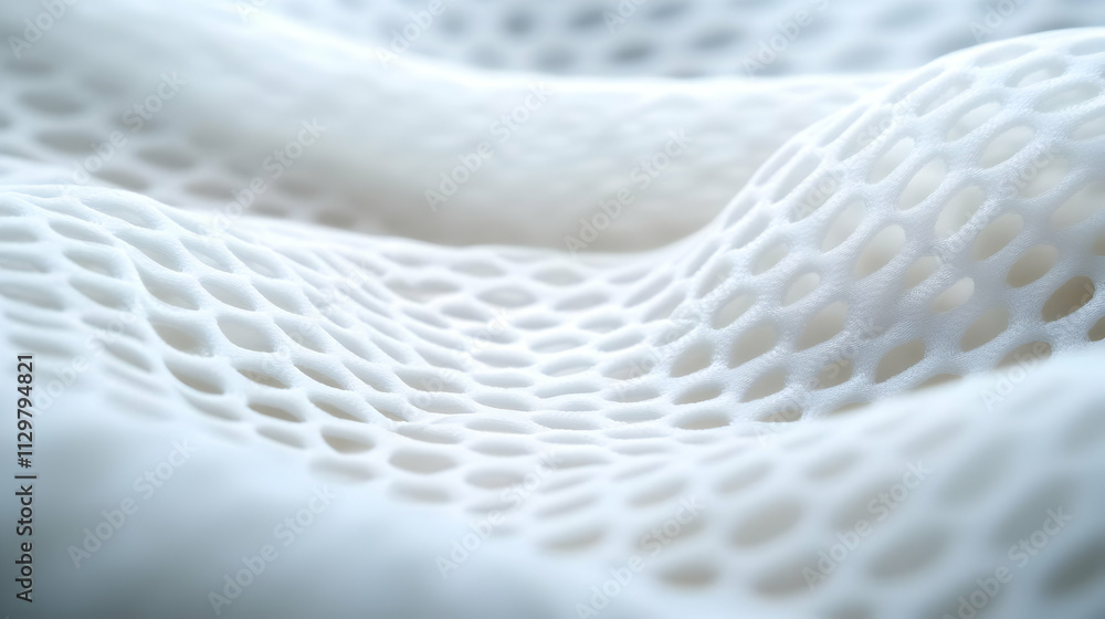 Poster a close-up view of intricate white mesh fabric showcasing a unique pattern and texture, ideal for de
